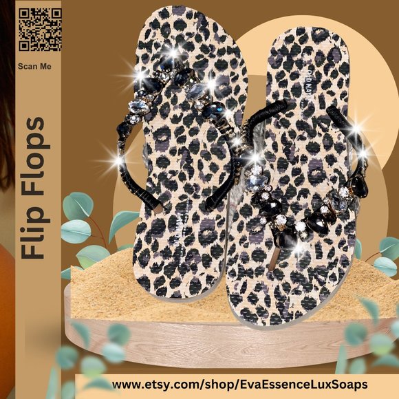 Newly Decorated Leopard Beach Flip Flops, Rhinestones, Shoes, Bridal Sandals - Picture 5 of 16